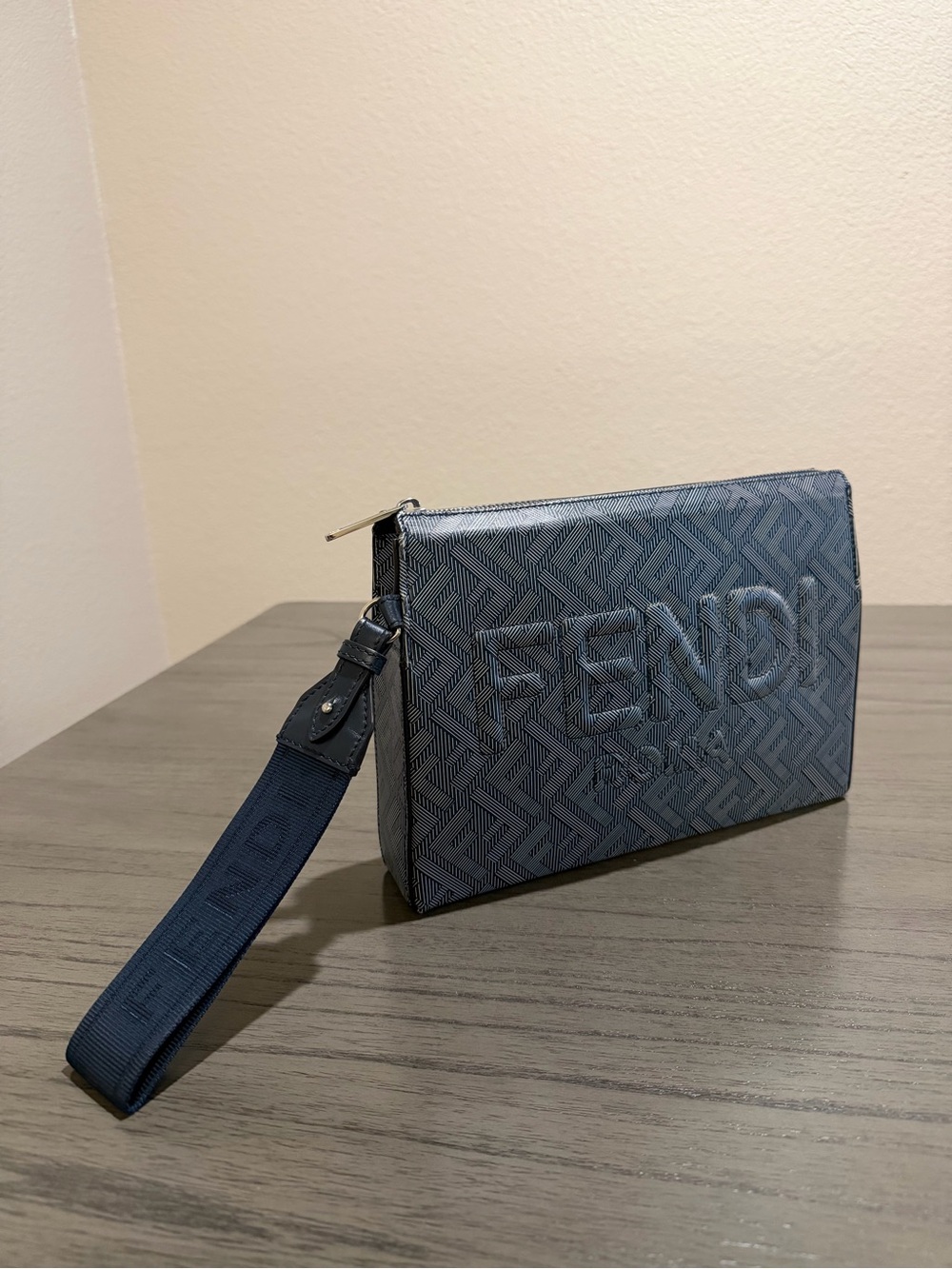 Fendi Navy Embossed Logo Clutch with Wrist Strap